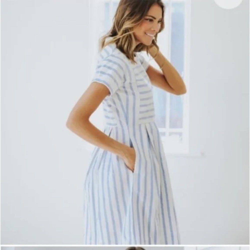 Journey Five Blue Cottagecore Stripe Cotton Short Sleeve Boho Midi Dress Small
